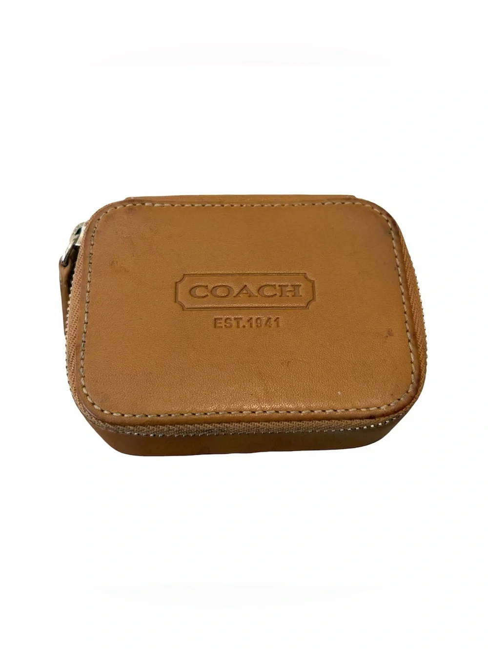 COACH Embossed Triple Pill Box #8884 Tan Leather Storage Organizer Vintage Y2K
